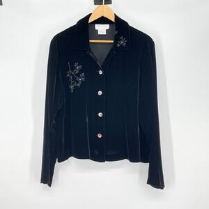Vintage Silk Club Velvet Beaded Button‎ Down Jacket Black Size 14 Holiday Party